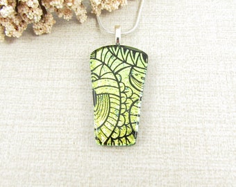 Chartreuse Dichroic Glass Pendant - Etched Glass Necklace - Light Green Fused Glass Pendant - Dichroic Glass Jewelry - Handmade Pendant