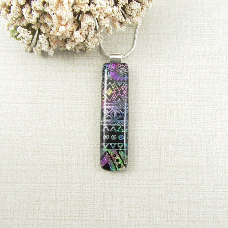 Thin Fused Glass Necklace Patterned Fused Dichroic Pendant Green Blue Fuchsia Pink Long Black and Gold Dichroic Glass Pendant