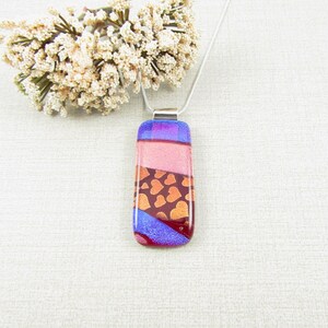 Fused Glass Pendant with Hearts, Purple Pink Orange Dichroic Glass Necklace, Handmade Statement Jewelry with Silver Plated Chain Option