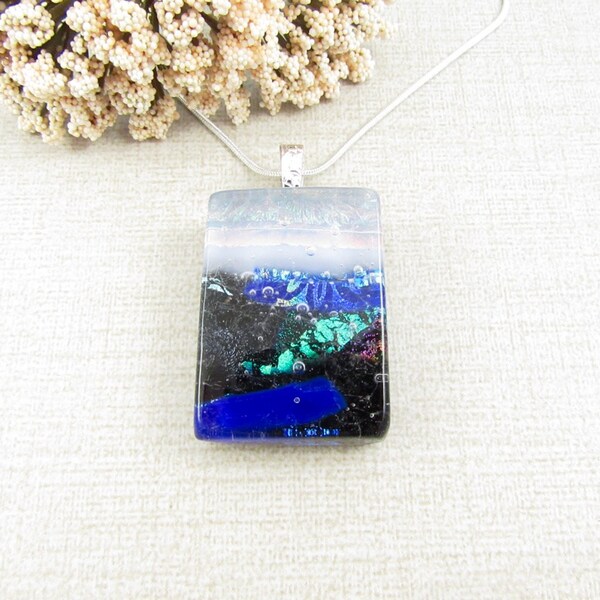 Square Layered Dichroic Glass Pendant - Square Fused Glass Necklace - White, Blue and Green Fused Dichroic Pendant - One of a Kind Jewelry