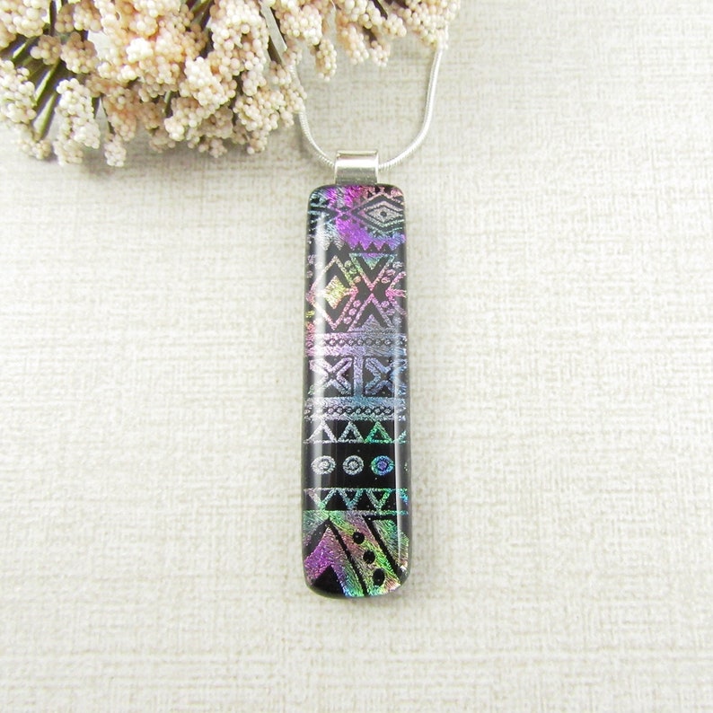 Thin Fused Glass Necklace Patterned Fused Dichroic Pendant Green Blue Fuchsia Pink Long Black and Gold Dichroic Glass Pendant