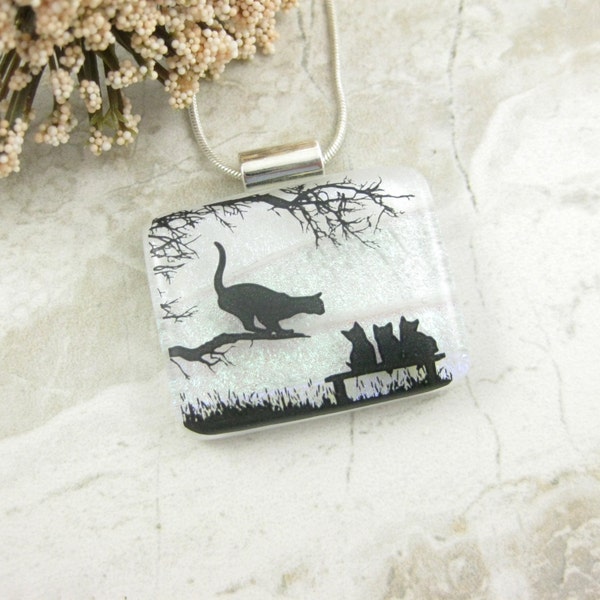 Black Cat and Kittens Glass Pendant - White Fused Dichroic Cat Necklace - Kitty Pendant