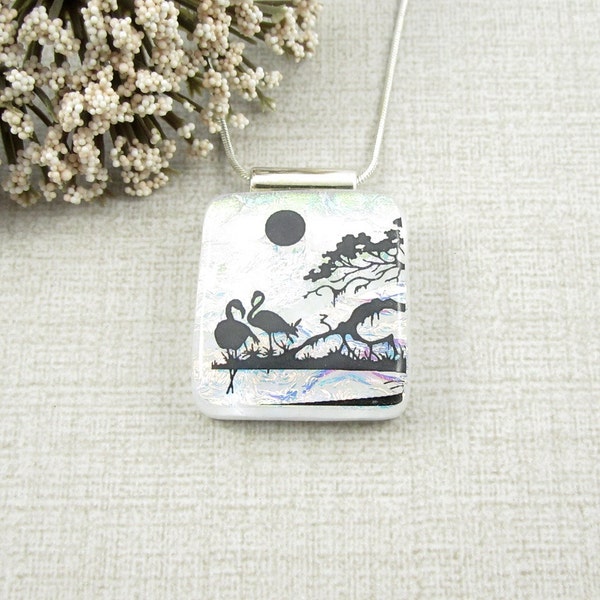 Glass Flamingo Pendant - Black and White Fused Dichroic Glass Flamingo Necklace - Handmade Bird Jewelry - Two Flamingo Jewelry