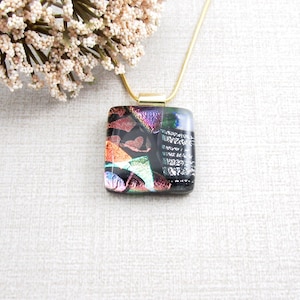 OK - Square Dichroic Glass Pendant, Multicolor Fused Glass Necklace, One of a Kind Layered Glass Pendant,  Handmade Jewelry Gift,