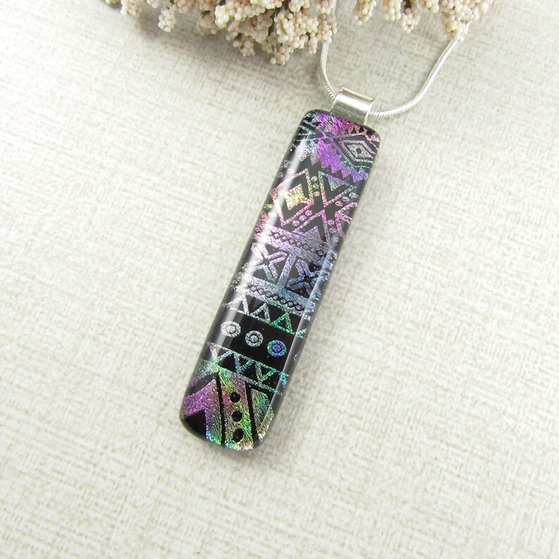 Thin Fused Glass Necklace Patterned Fused Dichroic Pendant Green Blue Fuchsia Pink Long Black and Gold Dichroic Glass Pendant