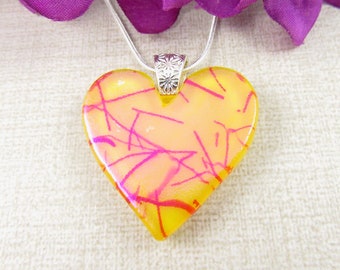 Yellow Glass Heart, Red and Yellow Fused Glass Heart Pendant - Heart Jewelry, Handmade Fused Glass Heart Jewelry - Yellow Heart Necklace