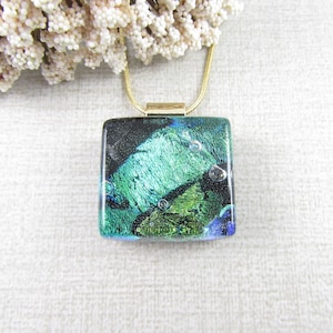 Iridescent Green and Blue Dichroic Glass Pendant – Square Fused Glass Necklace with Gold Bail – Handmade Jewelry – Gift Box Included