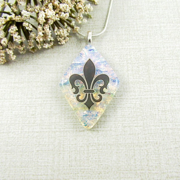 Fused Dichroic Fleur-de-lis Pendant - Glass French Lily Necklace - Diamond Pendant - Fleur-De-Lys Jewelry FREE shipping within the USA