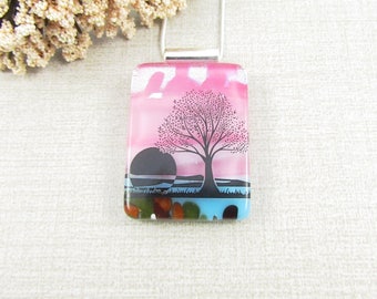 Tree Pendant - Fused Glass Sunset Pendant - Dichroic Glass Water Necklace - Sunset Jewelry - Rectangle Tree Pendant with Water and Sun