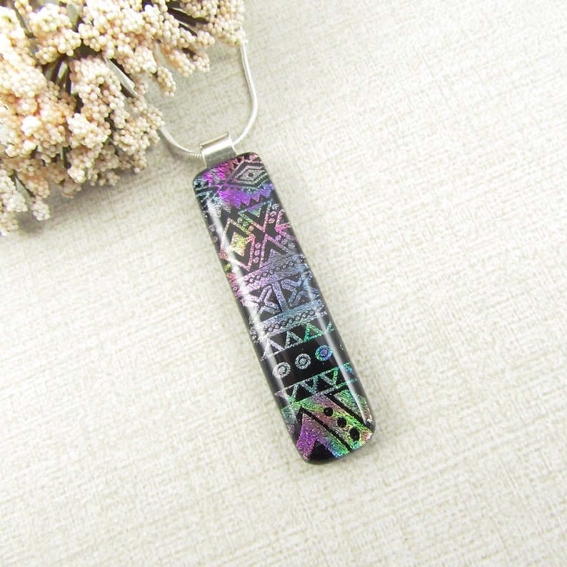 Thin Fused Glass Necklace Patterned Fused Dichroic Pendant Green Blue Fuchsia Pink Long Black and Gold Dichroic Glass Pendant