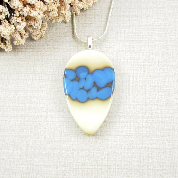 Tranquil Blues ~ Fused art glass pebble pendant with silver filled non-tarnish wire
