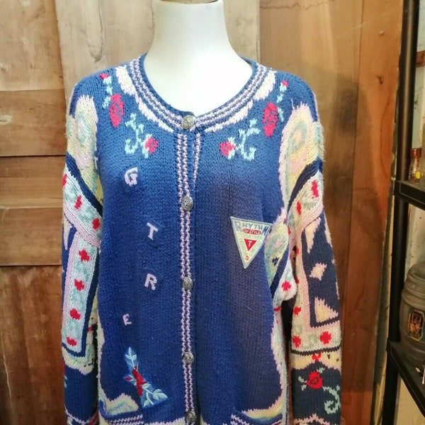 vintage ancien gilet cardigan fait main bleu décor de fleurs Together 1980 T XL