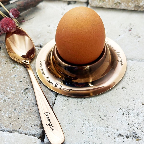 Egg cup and spoon - egg holder and spoon - steel egg cup and matching spoon - personalised Easter gift - easter egg cup - Easter egg holder