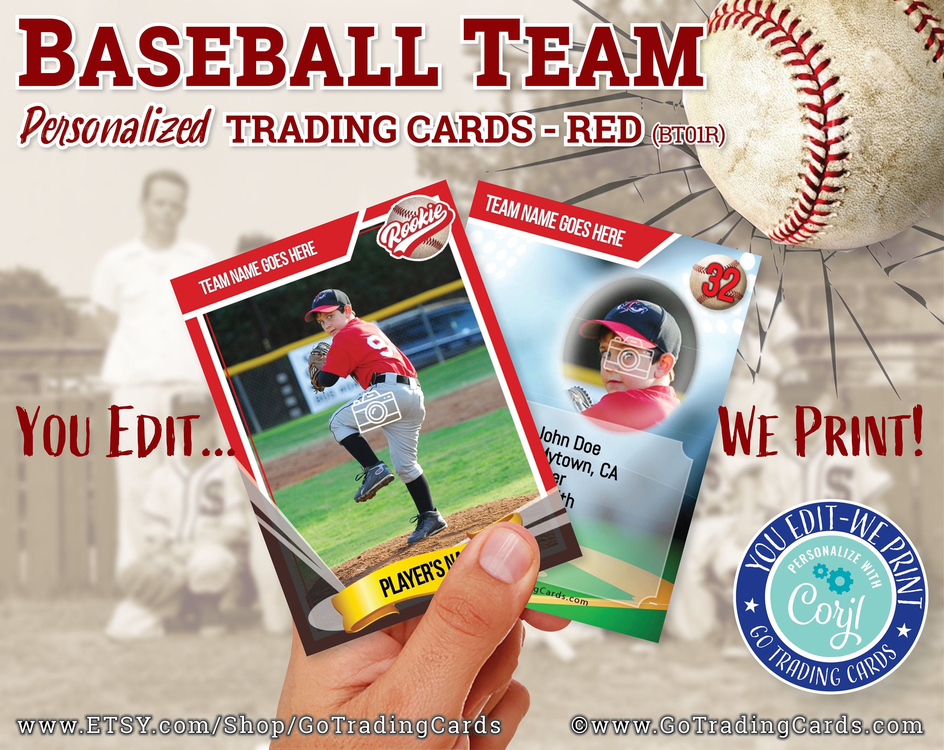 Baseball Team, Custom Trading Card Template, We-Print & Ship. MLB Little  League, Rookie Invitation, Personalized Kids Birthday, RED, BT22R Regarding Custom Baseball Cards Template