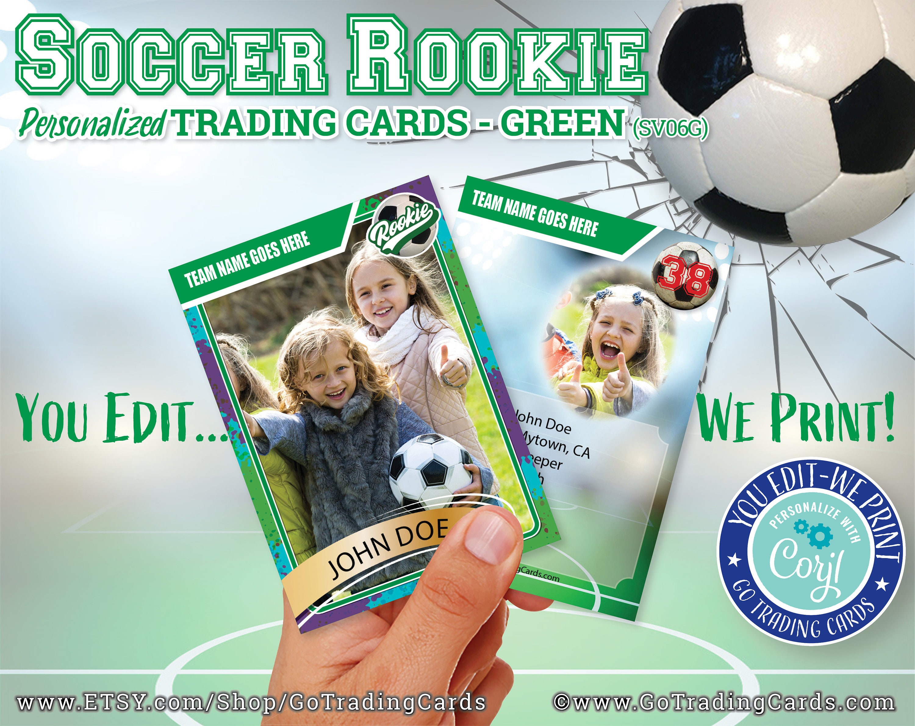 Custom Soccer Trading Cards. You-Edit, We-Print & Ship. Soccer Rookie Card,  Personalized Sports Card, FIFA, GREEN Team Color Template, SV23G With Regard To Soccer Trading Card Template