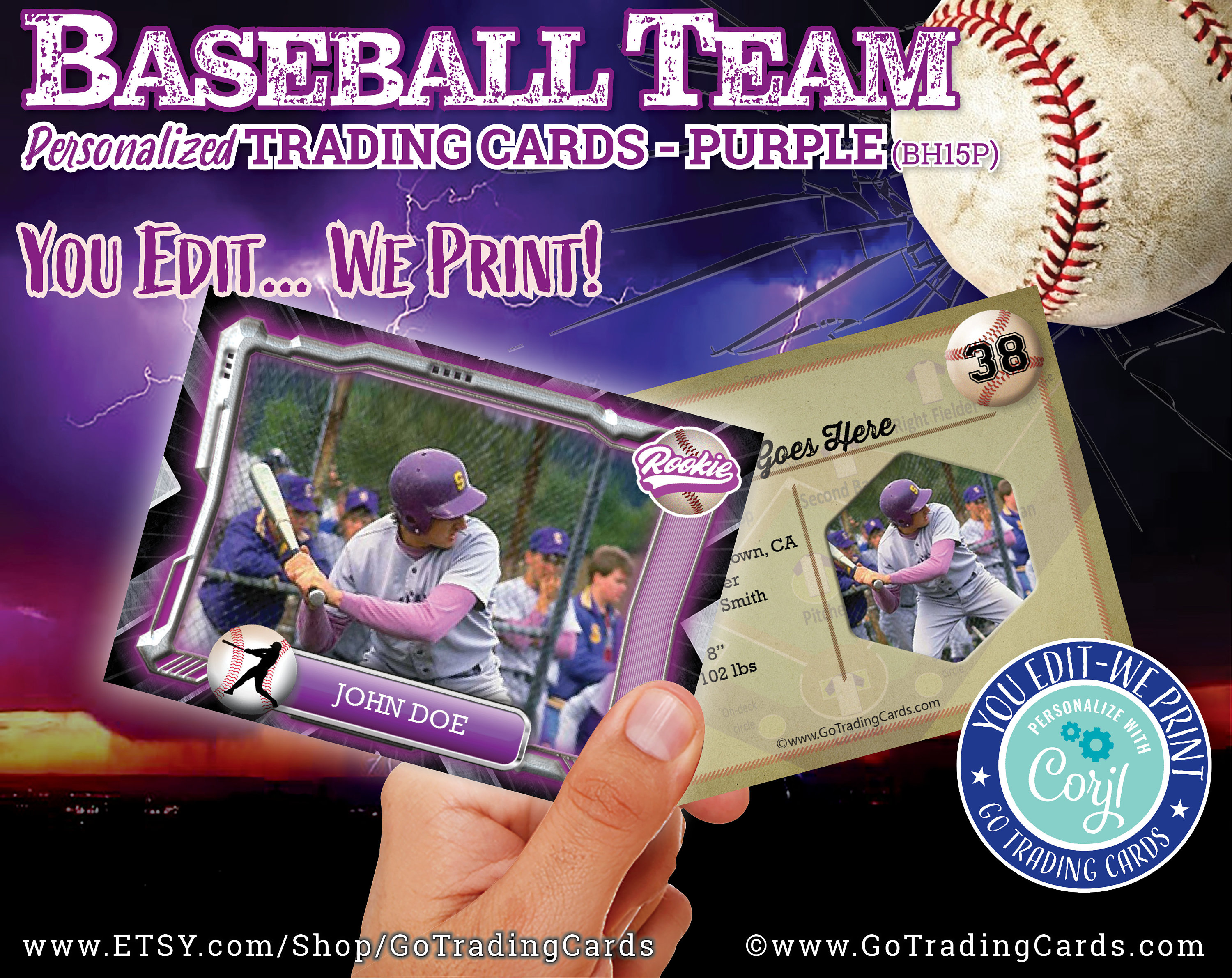 Baseball Team, Custom Baseball Trading Card Template, Print & Ship. MLB  Little League, Rookie Card, Boys Kids Birthday, PURPLE, BH23P Throughout Custom Baseball Cards Template