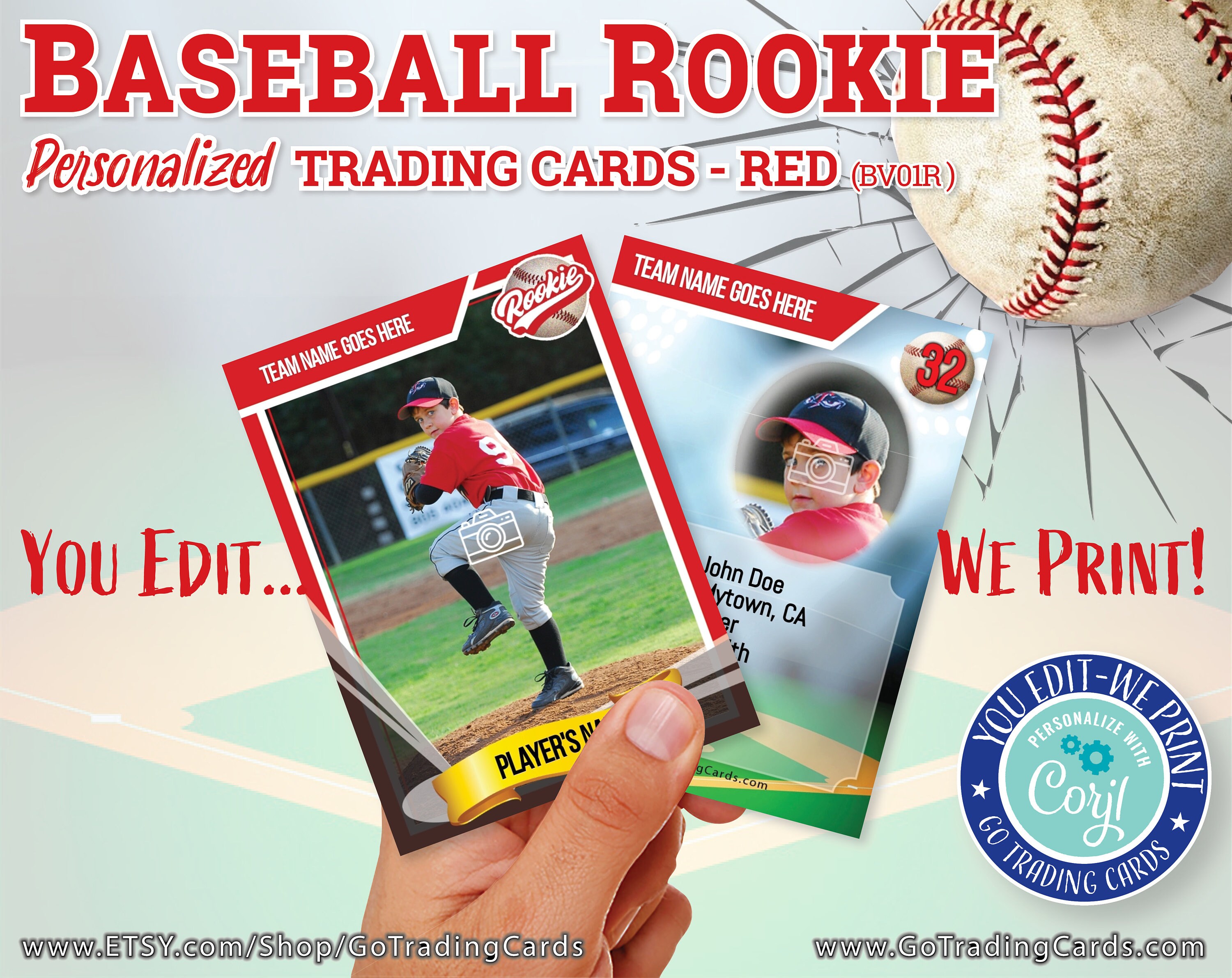 Baseball Rookie Card, Custom Baseball Trading Card Template. Print & Ship.  MLB Little League, Personalized Sports, Kids Invitation, RED