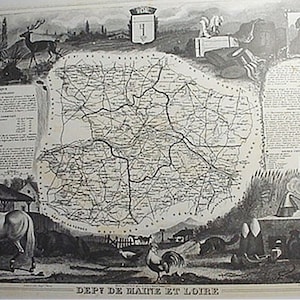 May include: An antique black and white map of the Maine-et-Loire region in France, featuring detailed road networks and illustrations of rural life. The map includes text, a coat of arms, and various vignettes.
