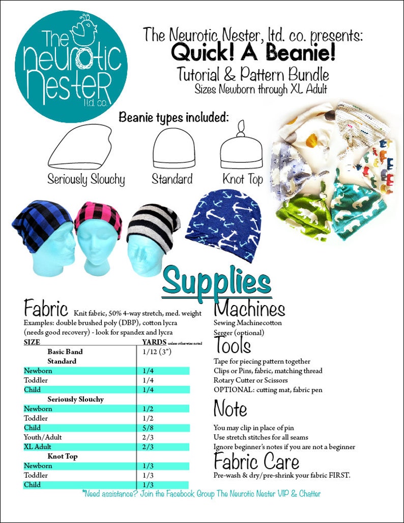 Headwear Bundle digital PDF Sewing Pattern Tutorial Extra Wide Headband slouch beanie bow headband banded beanie knot top image 2