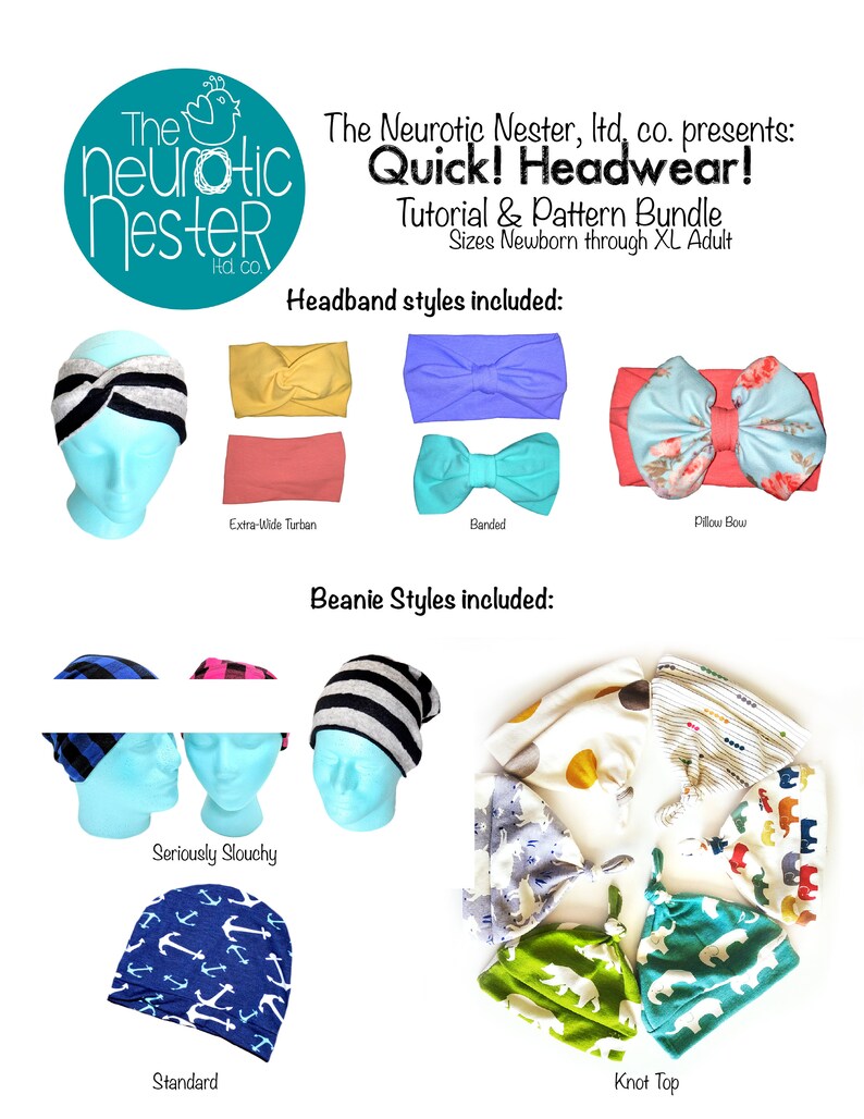 Headwear Bundle digital PDF Sewing Pattern Tutorial Extra Wide Headband slouch beanie bow headband banded beanie knot top image 1