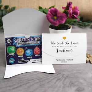 Porta tarjetas rasca y gana. Recuerdo de boda. Sobre para billetes de lotería. Recuerdo personalizado. Nos casamos. Porta tarjetas rasca y gana. Sobre para rascar.