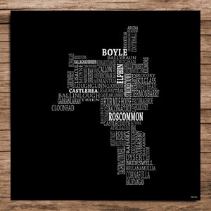 Roscommon - Typografische Karte der Grafschaft Roscommon, Irland (Digitaler Download)