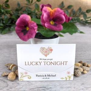 Floral Heart Scratch Card Holders used for wedding favours we hope you get lucky tonight