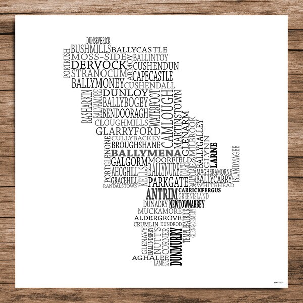 Antrim - Typographical Map of County Antrim, Ireland