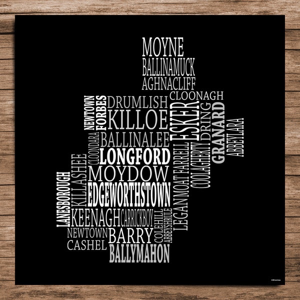 Longford - Typographical Map of County Longford, Ireland (Digital Download)