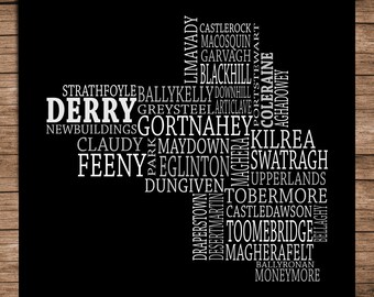 Derry - Typographical Map of County Derry, Ireland (Digital Download)