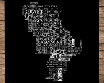 Antrim - Typographical Map of County Antrim, Ireland (Digital Download)