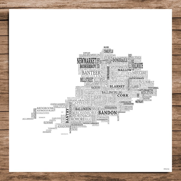 Cork - Typographical Map of County Cork, Ireland