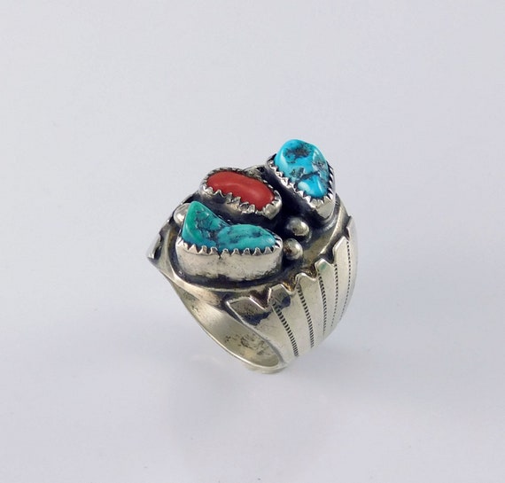 Vintage  Silver Mans Ring Turquoise and Red - image 2