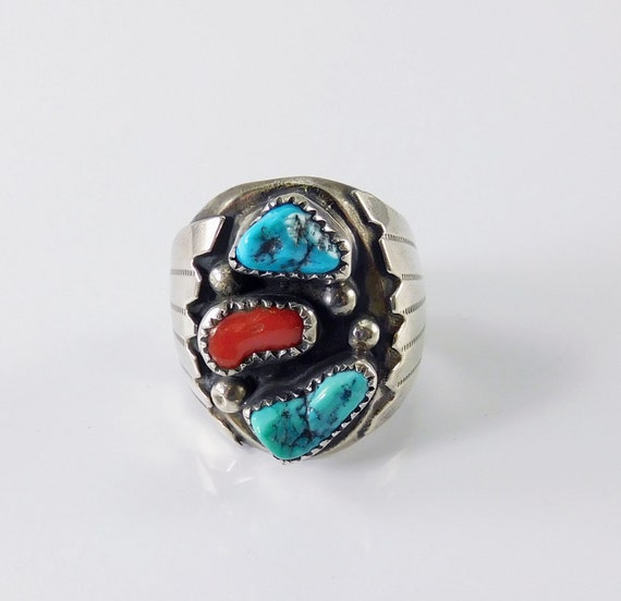 Vintage  Silver Mans Ring Turquoise and Red - image 1