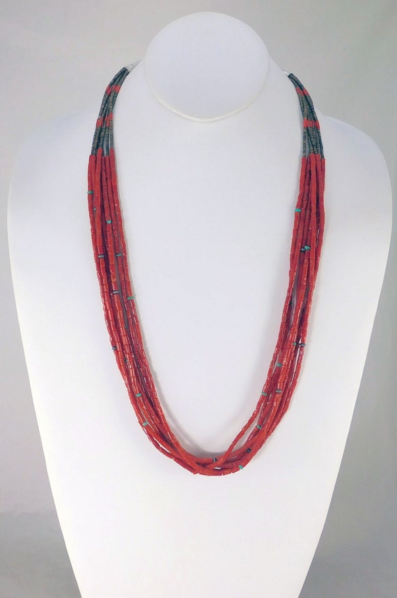 Seven Strands of Red and Turquoise Beads