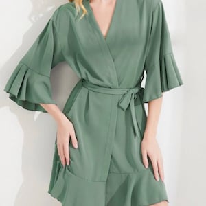 fat woman in green dress Flare Sleeves Eucalyptus Chiffon Long Bridesmaid Dress – Ohmollydress main image 0