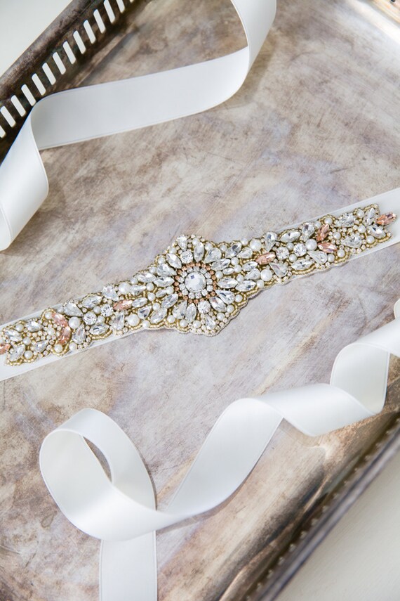 Gold Rhinestone Bridal Belt – Hand-beaded Pearl Wedding Sash 