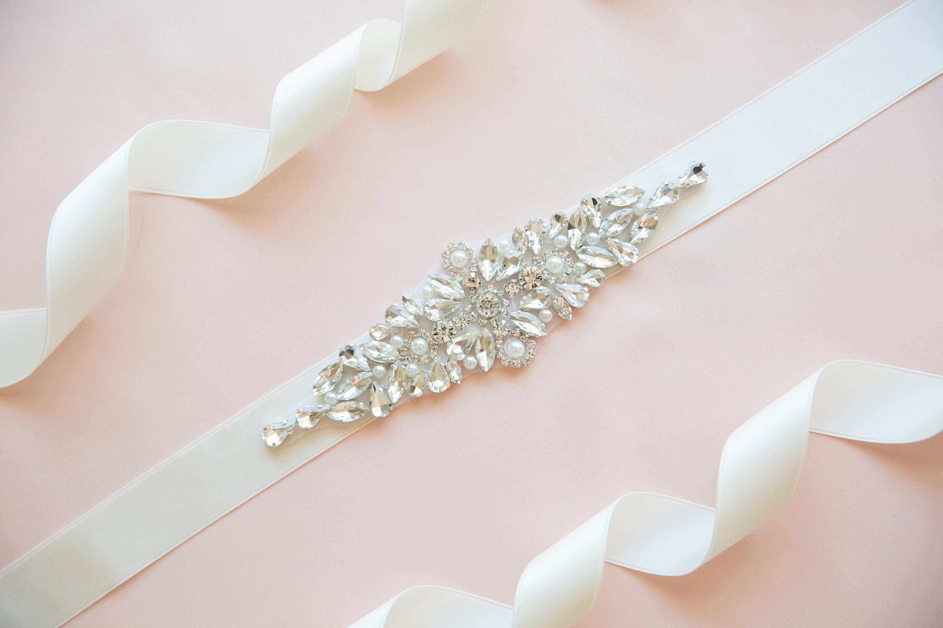Rhinestone Bridal Sash – Crystal Wedding Belt, Ivory Ribbon  display picture 2