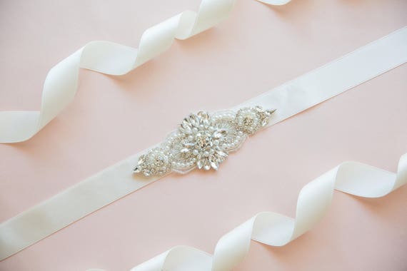 BRIDAL SASH - IVORY AND RHINESTONE Ivory Flower Satin, Rhinestone & Bugle Bead Bridal Wedding  main image 4