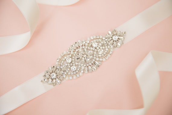 Rhinestone Bridal Sash - Ivory Satin Ribbon, Crystal Wedding  display picture 3