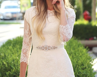 Rose Gold Rhinestone Bridal Sash - Ivory Satin Ribbon Belt