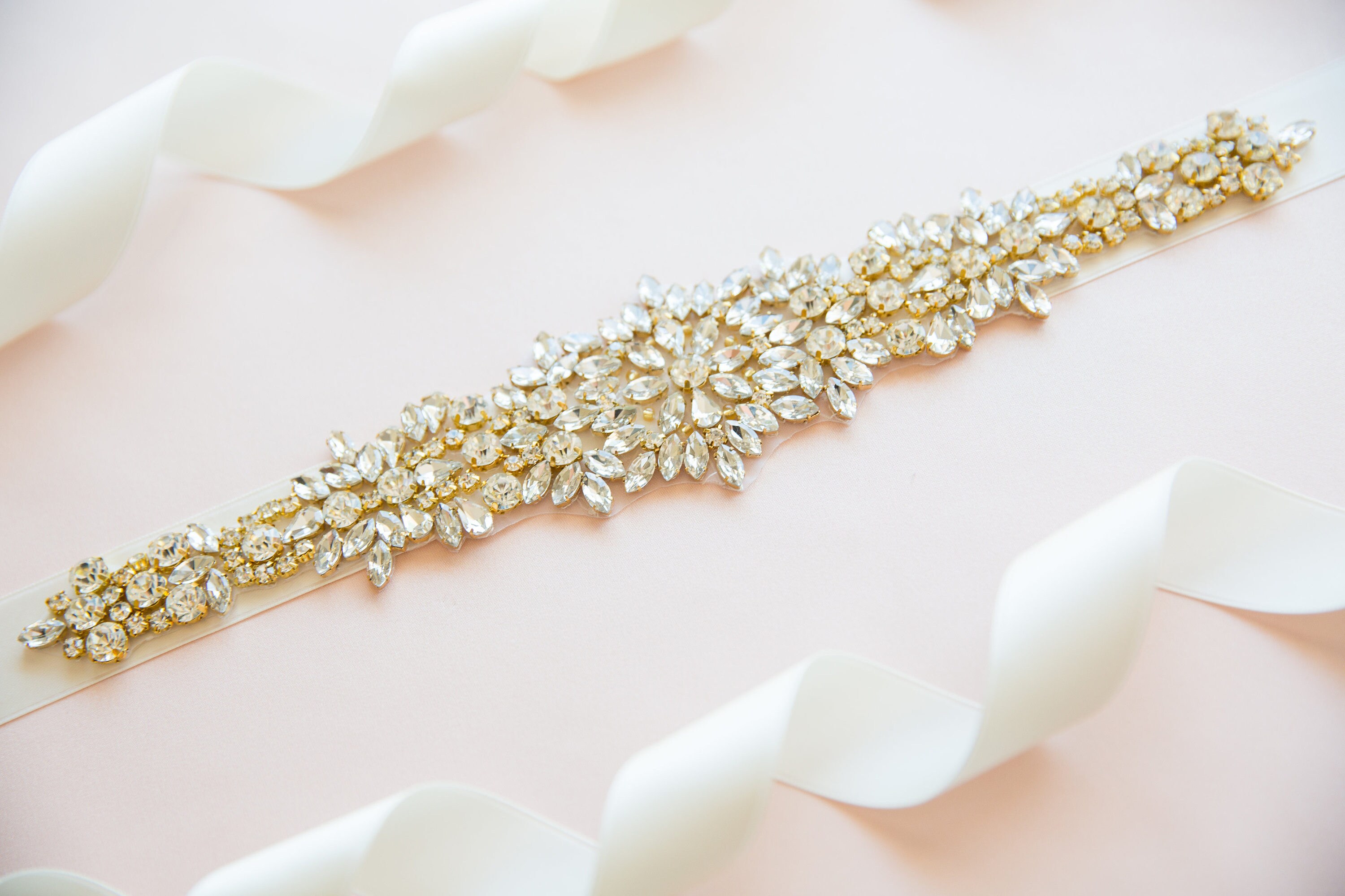 Rhinestone Bridal Sash - Crystal Wedding Belt, Ivory Ribbon 