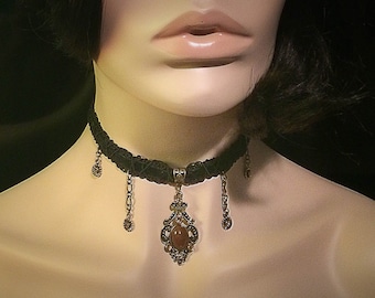 Antique Gold Gothic Victorian Black Velvet Choker with Chocolate colored Pendant and Amber colored Rhinestones