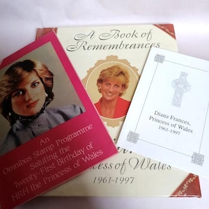 Diana Princess of Wales A Book of Remembrances + Remembrance Prayer Card and Diana Tribute Stamps Information.