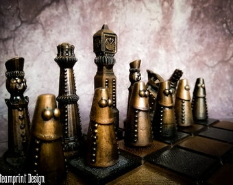 Industrial Steampunk Chess Set -  Dieselpunk Chess Set - Hand Painted Board Game - Fantasy Chess Set