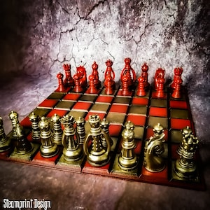 Steampunk Style Wizard School Chess Set - Hand Painted Board Game - Crimson Gold Chess Set