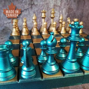Classic Chess Set in Turquoise and Gold - Staunton Chess Set - Classic Chess Pieces in Gemstone Colors
