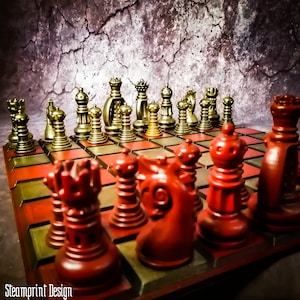May include: A steampunk-style chess set with gold and red pieces on a red and brown chessboard. The pieces are intricately designed with gears and other mechanical elements.