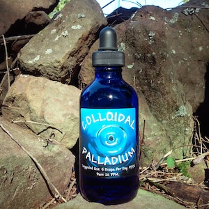 May include: A blue glass bottle with a dropper top, labeled "Colloidal Palladium". The bottle is sitting on a bed of rocks and twigs.