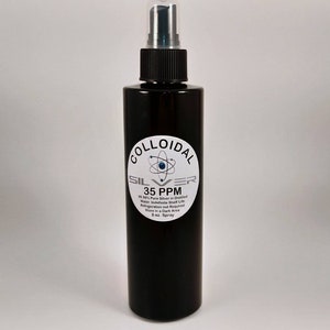 May include: A black 8 oz spray bottle of colloidal silver solution. The label reads "Colloidal Silver 35 PPM 99.9% Pure Silver in Distilled Water Indefinite Shelf Life Refrigeration not Required Store in a Dark Area 8 oz. Spray"
